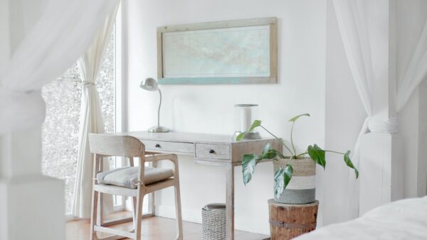empty desk near curtain